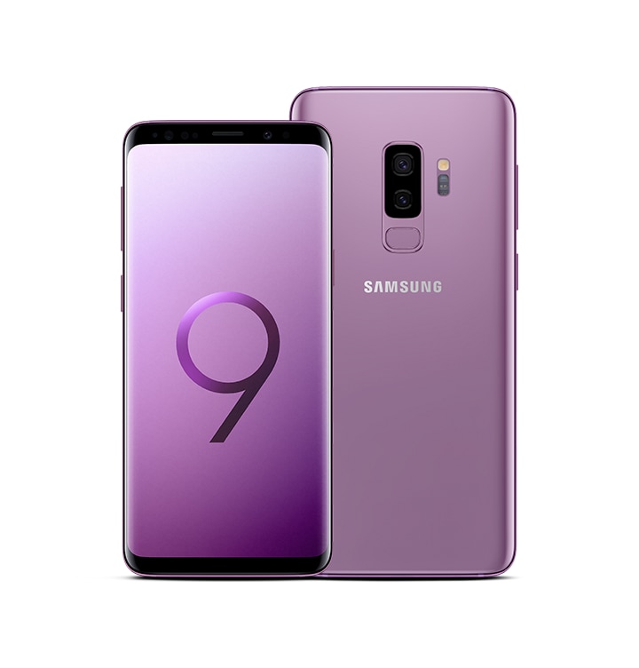 Galaxy S9 seen from the front and Galaxy S9+ seen from the rear, both in lilac purple