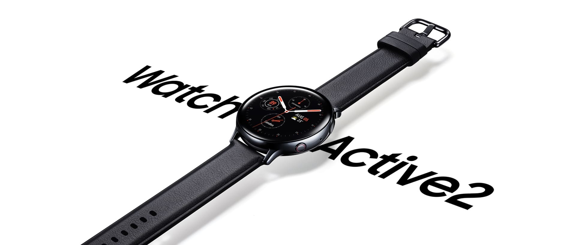 Une Galaxy Watch Active2 en acier noir avec un bracelet en cuir noir suspendue au-dessus des mots « Watch Active 2 » écrits en gros.