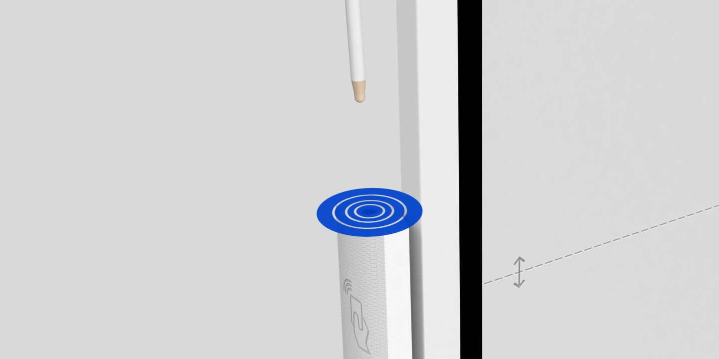 Een afbeelding laat zien hoe een Hall-sensor werkt als een gebruiker de pen uit de houder neemt.