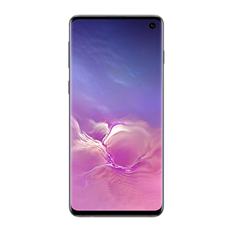 Afbeelding van de Samsung Galaxy S10 met een paars/roze achtergrond