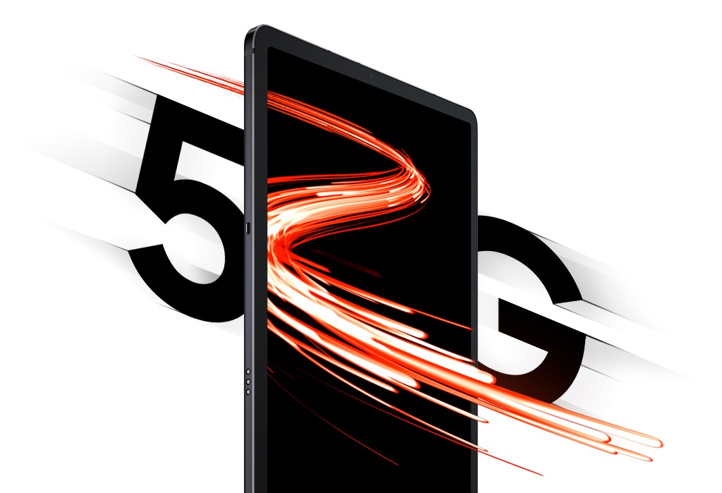 A flash of light goes through Galaxy Tab S7+ as it sits at an angle between 5 and G typography, demonstrating the speed of 5G