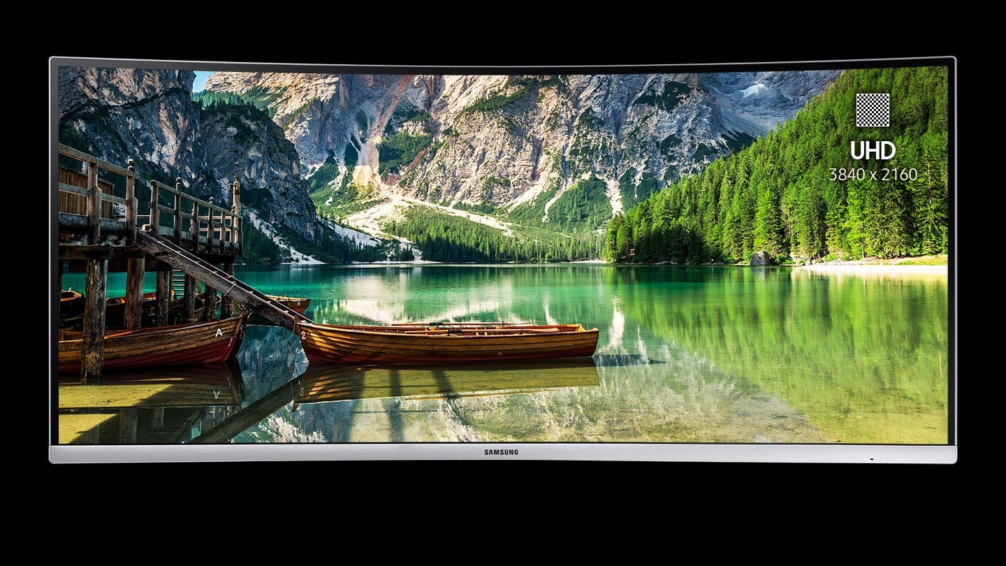 There is a natural lakes image on the screen. The screen's resolution changes the order of the FHD-WQHD-UHD, making it possible to see a broader range from one screen.