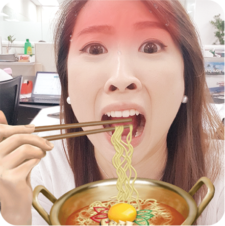 A picture of a woman having spicy noodles taken with a Samsung Galaxy J7+ Photobooth feature with AR Stickers. Find out more Samsung J7+ specs here