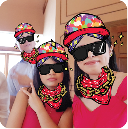 Three people are having fun by taking a photo with a Samsung Galaxy J7 Plus Photobooth feature with AR Stickers. Find out more Samsung J7+ specs here