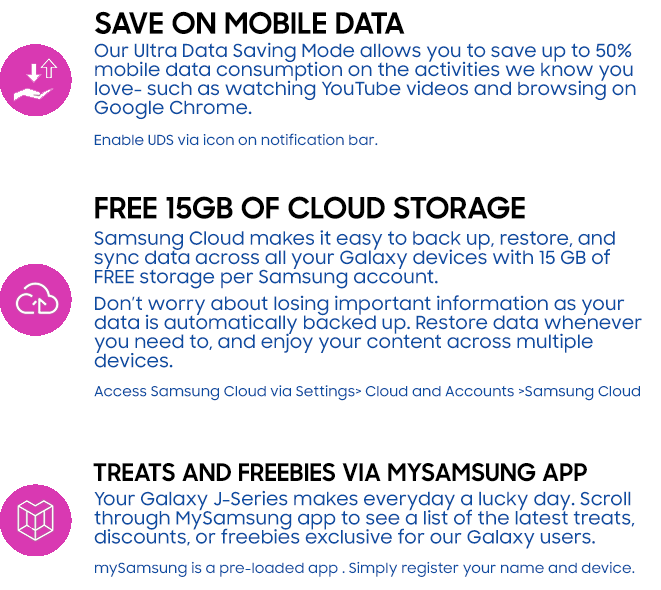 The Samsung J7+ information about Ultra Data Saving Mode, Free 15GB of Cloud storage and updating the latest treats and freebies via the MySamsung app