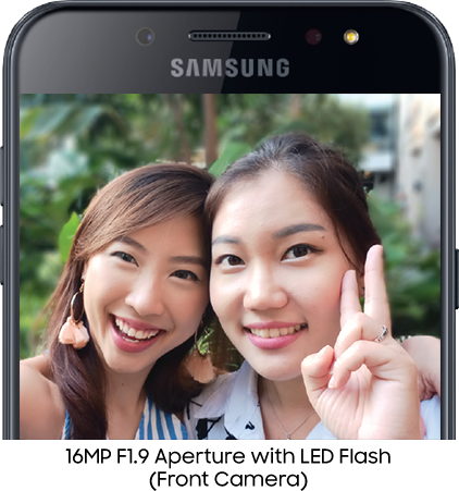 A selfie image of two women taken with a Samsung Galaxy J7+ front camera, 16MP and F1.9 Aperture with LED Flash. See more features of Samsung J7+ here
