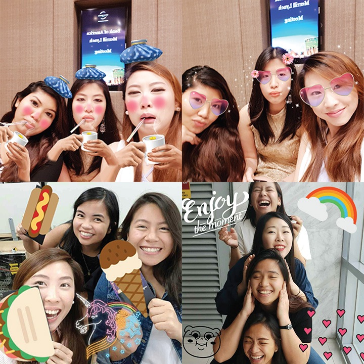 Four images of a woman group, taken with a Samsung Galaxy J7+ Photobooth feature and have more fun by putting on-cam stickers and stamps on a picture