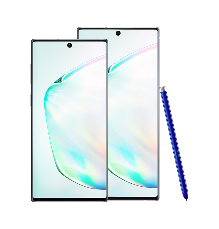 Galaxy Note10 and Galaxy Note10 plus in Aura Glow seen from the front with a blue S Pen leaning against Galaxy Note10 plus. Both phones have an abstract graphic onscreen.