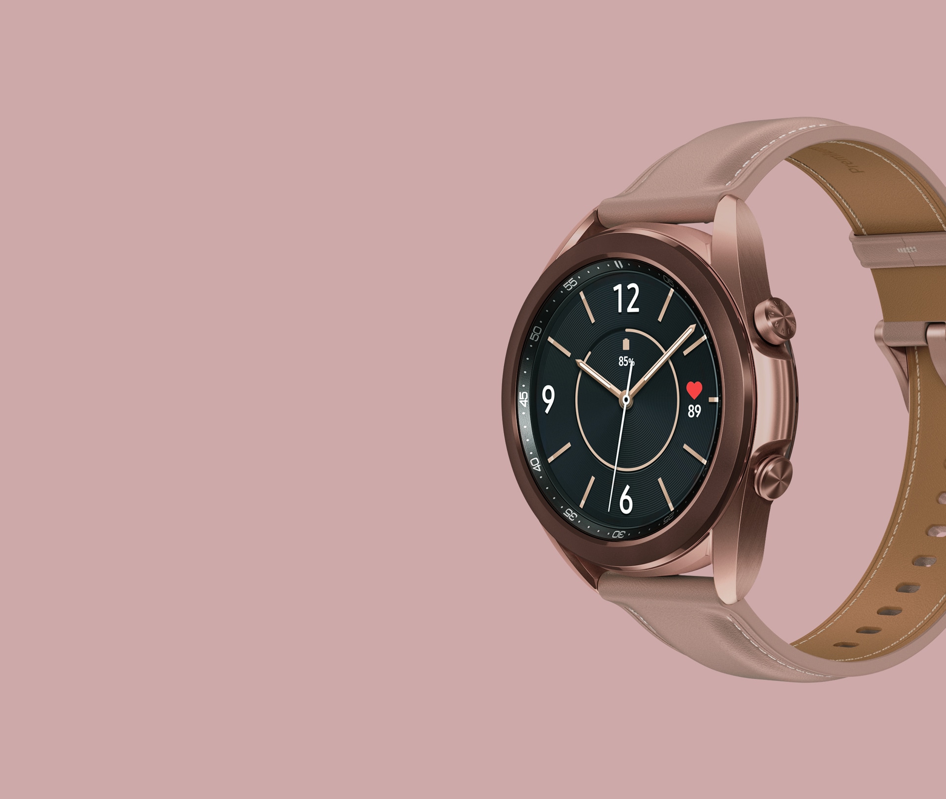 41mm Galaxy Watch3 in Mystic Bronze with a Female Classic Watch Face seen from an angle