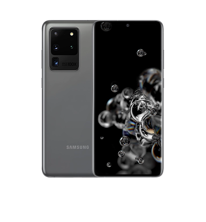 Dwa telefony Galaxy S20 Ultra w kolorze Cosmic Gray, jeden widziany z tyłu, a drugi z przodu z graficzną tapetą z bąbelkami na ekranie.