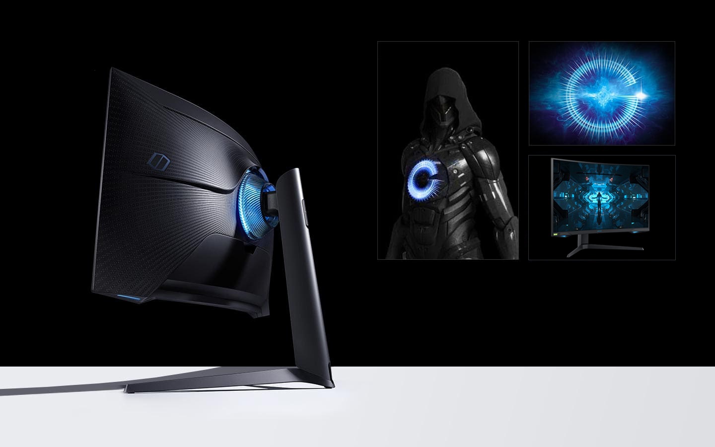 Zakrzywiony monitor Samsung Odyssey G7 - CTG7 ustawiony na biurku. Obok, w tym samym czasie, prezentowane są poprzednie modele i obiekty kojarzące się z tematyką gamingu. Wybierz gamingowy monitor Odyssey od Samsung - sprawdź!