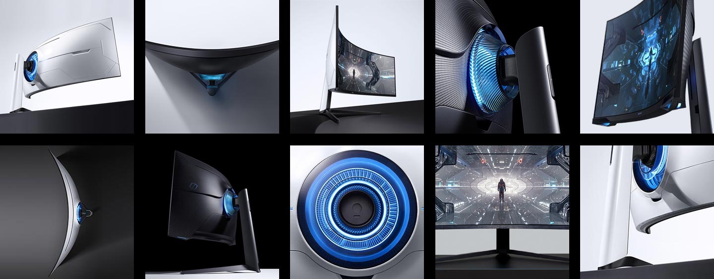 Zaprezentowane różne ujęcia elementów monitorów Samsung Odyssey, takie jak widok z góry, widok perspektywiczny, widok z boku i tył - wybierz monitor gamingowy idealny dla siebie.