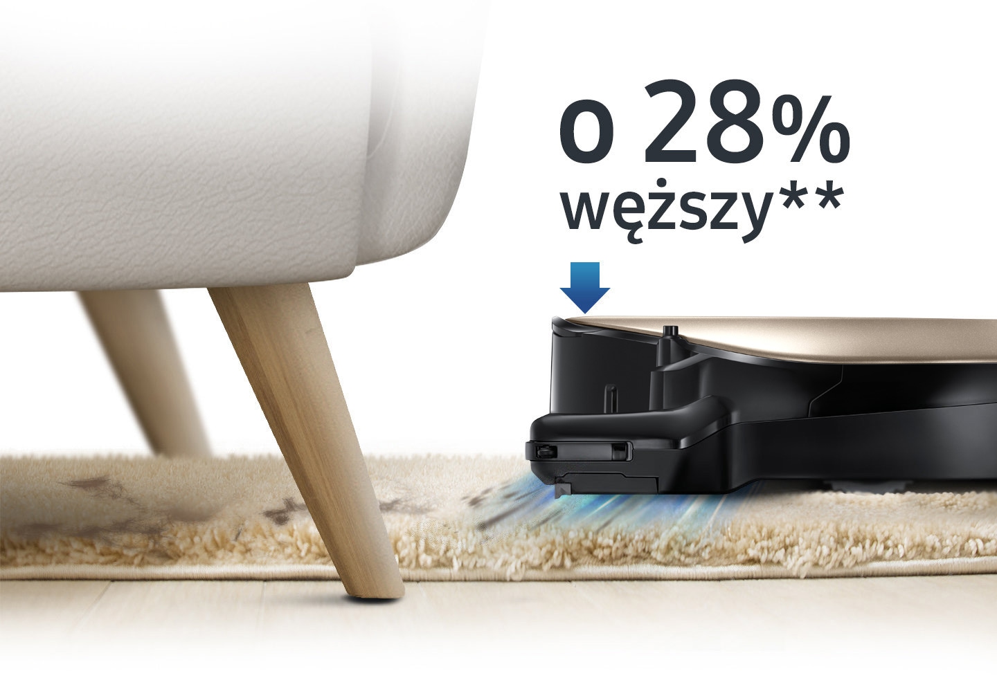 Un'immagine che mostra un dispositivo POWERbot VR7000 che aspira un tappeto e pulisce sotto il divano, oltre a un'icona che legge "il 28% piÃ¹ sottile".