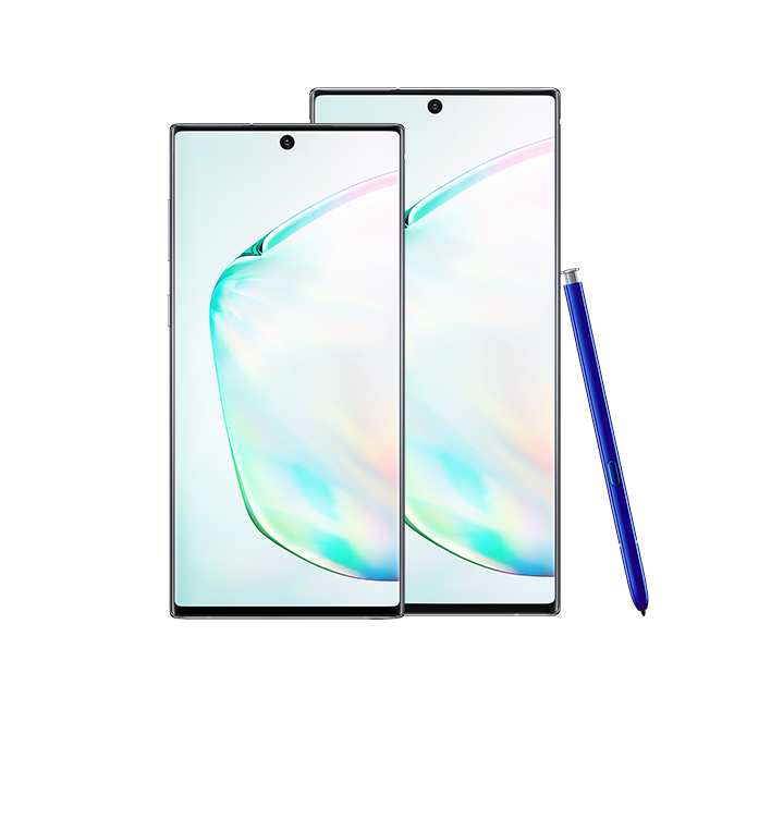 Galaxy Note 10 e Galaxy Note 10 plus em Prateado Aura vistos de frente com uma S Pen azul encostada ao Galaxy Note 10 plus. Ambos os telefones têm uma imagem abstrata no ecrã.