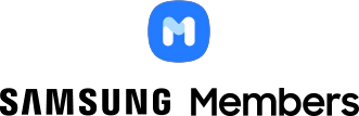 O ícone da aplicação Samsung Members que tem a letra M envolta num fundo azul está colocado ao lado do logótipo da Samsung.