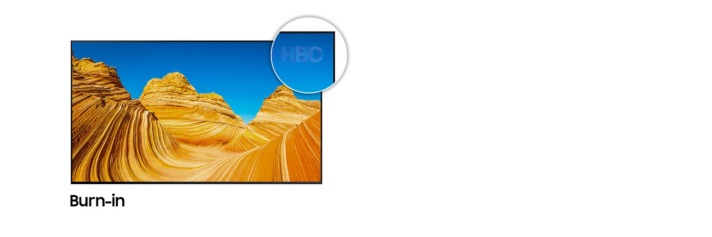 An OLED TV displays a canyon scene, and faint letters on the right corner of the TV screen demonstrating OLED screen Burn-in.