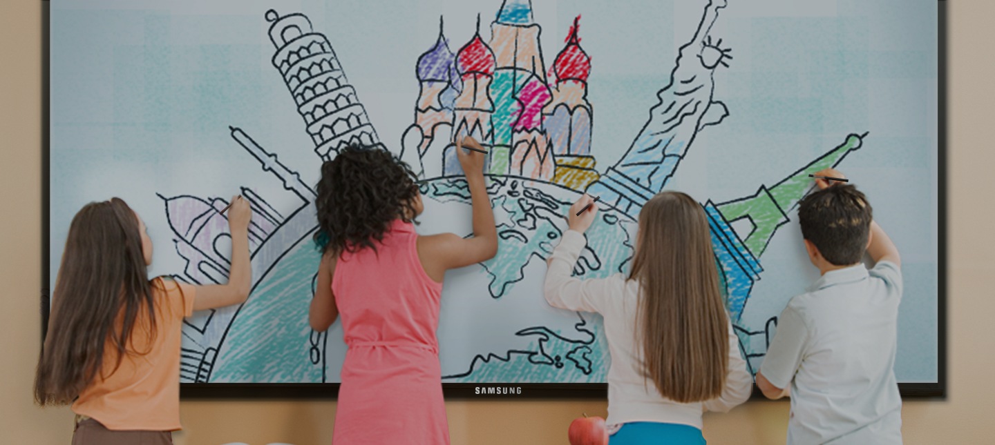 A group of kids drawing on a Samsung E-board at school