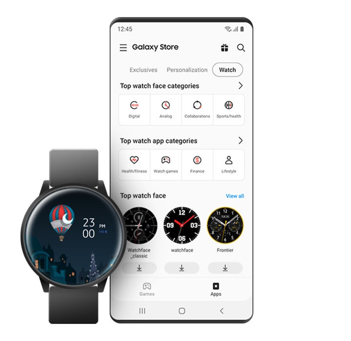 GUI ekran koji prikazuje razne teme Galaxy Watch lica dostupne u Galaxy Store .
