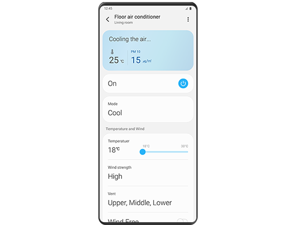 Ekran telefona Galaxy pokazuje grafički interfejs pametnog klima-uređaja u aplikaciji SmartThings, sa ciljnom temperaturom, režimom rada, brzinom vetra i drugim podešavanjima.