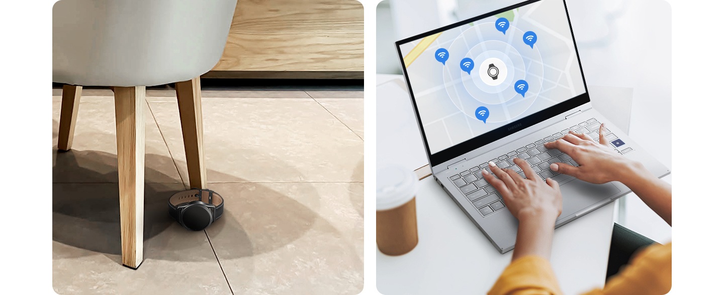On the left, a Galaxy watch lies on the floor under a chair. On the right, a person is using a laptop. On the screen, a map shows a watch icon surrounded by helper signals from other Galaxy devices.