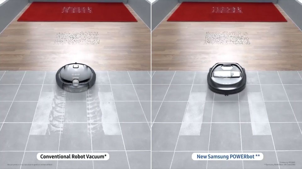 The 'Multi-surface cleaning' image, comparing a POWERbot VR7010 device with a conventional vacuum cleaner, and showing the device operating on tiles, hardwood and carpet, as well as its big brush and its powerful suction power.