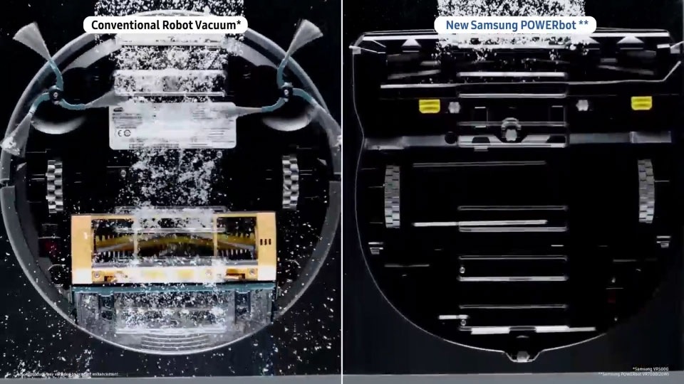 The Crevice cleaning image comparing the performance of a POWERbot VR7010 device and a conventional vacuum cleaner on a clear, perforated floor, and showcasing the POWERbot VR7010’s powerful performance.