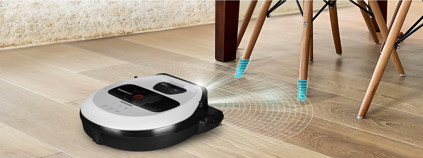 An image showing a POWERbot VR7010 device detecting thin table legs in a living room with its FullView Sensor 2.0 function.