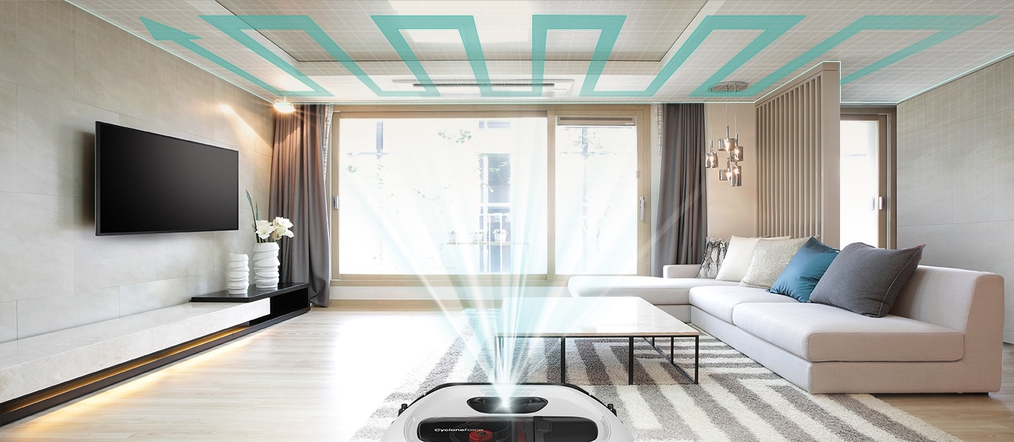 An image showing an entire living room and a POWERbot VR7010 device set in the middle. Its sensor scans the ceiling and creates a cleaning path.