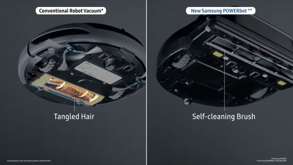 The 'Removing hair clogs' image, comparing the POWERbot VR7000 with a conventional vacuum cleaner for hair removal performance. It shows a POWERbot VR7000 device’s powerful performance at sucking hair with its brush, using its Self-cleaning Brush feature. while hair is getting clogged in the other cleaner’s brush.