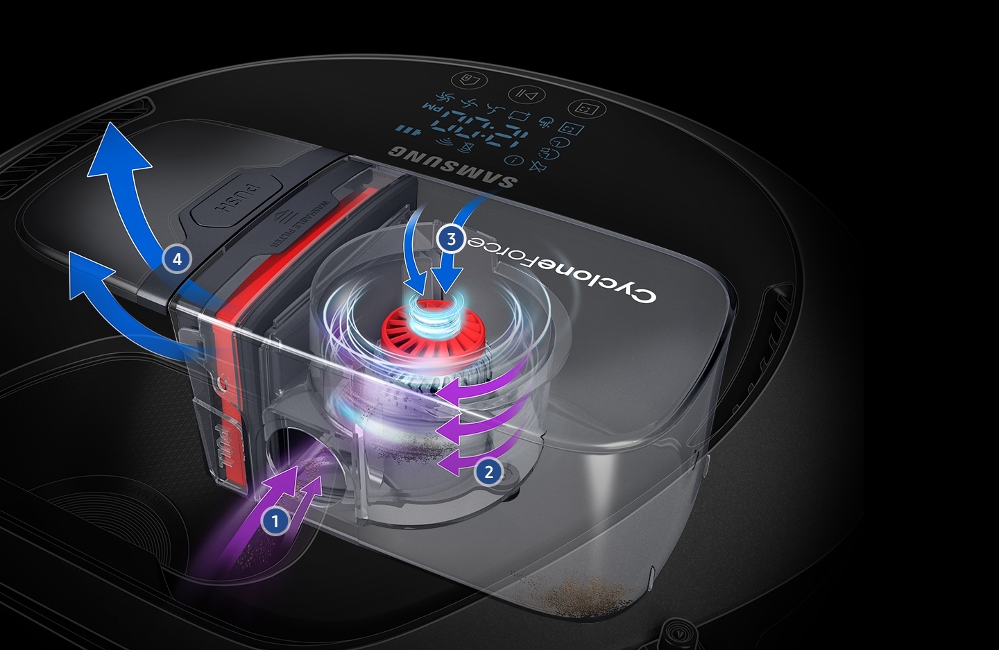 An image showing the CycloneForce in a transparent POWERbot VR7000 body.  Various parts are numbered.  Number 1 and 2 show how air from outside enters and rotates in the machine.  Number 3 shows how dirt is removed according to weight and how air is discharged.  Number 4 shows the clean air that has passed through the entire filtering process.