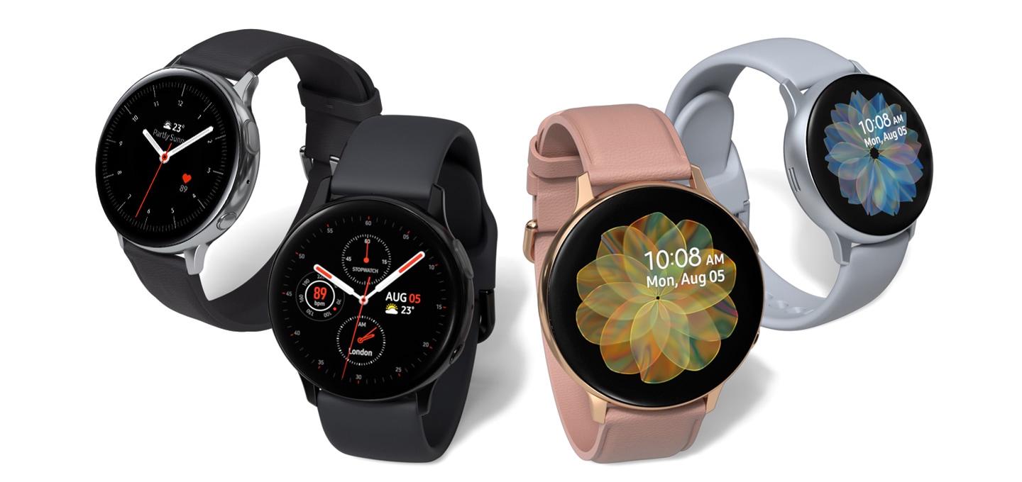 Four Galaxy Watch active2 models side by side in a range of colors and materials: gold watch case with brown leather strap, black watch case with aqua black sport band, gold watch case with pink leather strap, and Cloud silver watch case with cloud silver sport band.
