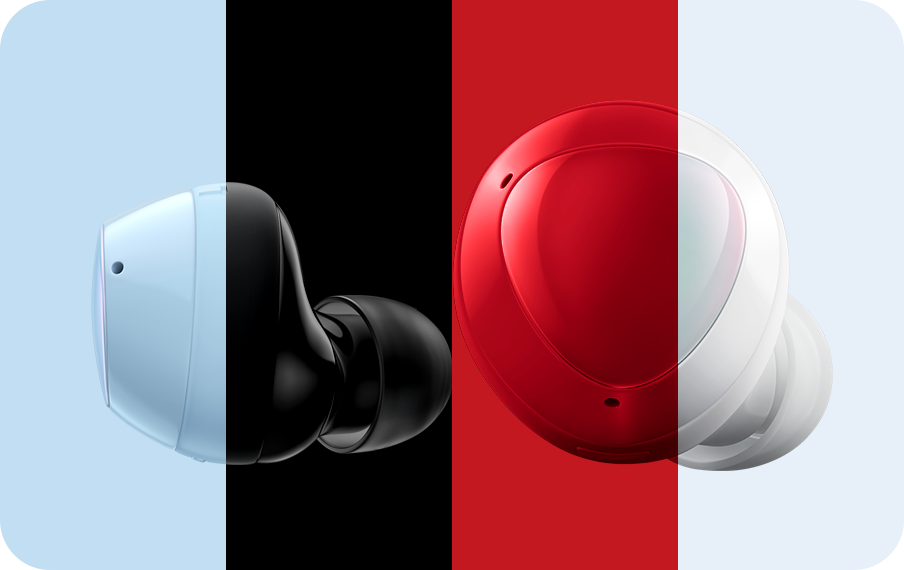Enlarged pair of Galaxy Buds plus earbuds. The left third is overlayed in blue, the middle is overlayed in black and the right third is clear. Four line drawings on the bottom indicating tap commands. Tap to play or pause. Double tap to play next song or receive and end calls. Triple tap to play previous song. Touch and hold to perform user-set function. 