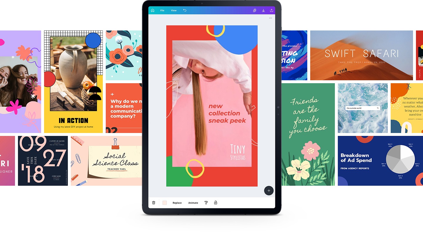 Multiple pro-quality design templates from Canva stretch across the background to show all the options you have in the app. The Canva GUI is seen on Galaxy Tab S7+ with tools that make it easy to create your own designs