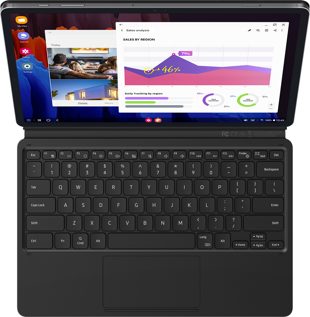 When the magnetic BookCover Keyboard is attached to
                                                                                Galaxy Tab S7+, you can simply press the DeX hotkey to
                                                                                complete your PC-like experience
