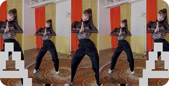 Lisa from BLACKPINK is doing the #danceAwesome dance and her image is repeated 5 times. On the most left and most right image of Lisa, she has an animated A on her legs.