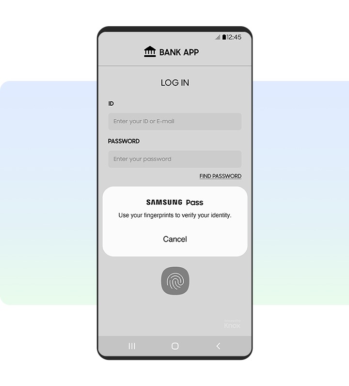 Skärmbild av Samsung Pass popup-meddelande som ber om fingeravtrycksautentisering för att logga in på en bank-app.