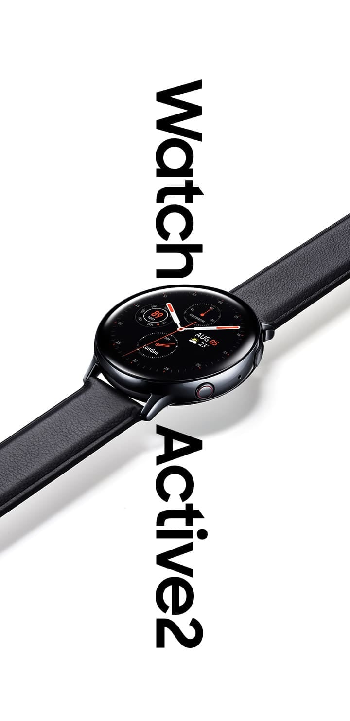 En Galaxy Watch Active2 i rustfritt stål og svart med svart skinnrem som henger over ordene «Watch Active 2» med stor skrift nedenfor.