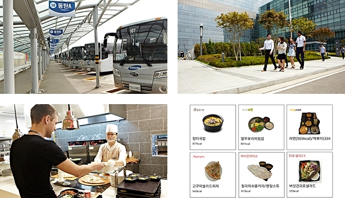 버스 정류장, 자유롭게 출근하는 모습, 회사의 구내식당, 다양한 식단
