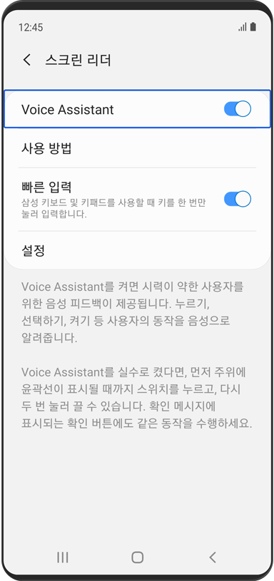 '스크린 리더' 메뉴가 표시됩니다. Voice Assistant가 켜져있습니다.