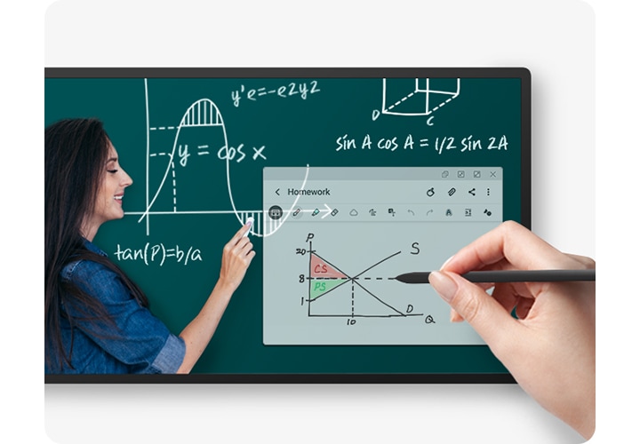 태블릿 화면의 클로즈업 보기에 칠판에 그래프를 그리는 여성의 동영상이 보인다. 한 사람이 동일한 화면의 투명 팝업 창에 S펜으로 또 다른 그래프를 그리고 있다.