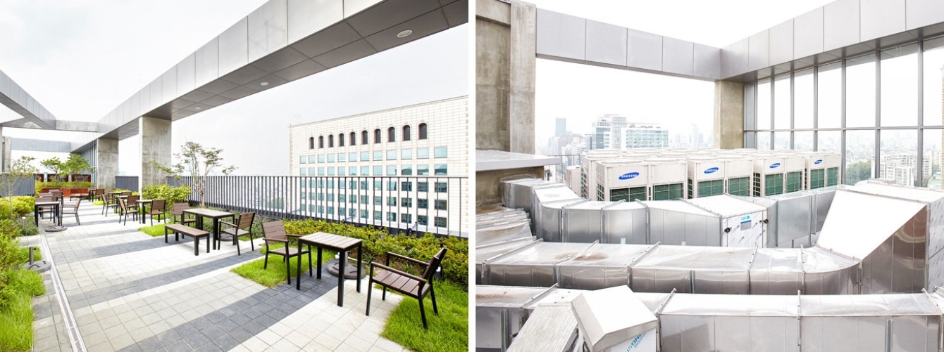 왼편에는 페이토호텔의 옥상 공간에 공원의 모습과 왼편 실외의 삼성 DVM S HR의 모습입니다.