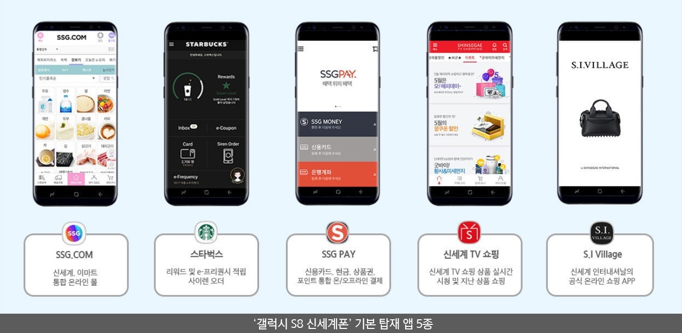 '갤럭시 S8 신세계폰' 기본 탑재 앱5종 SSG.COM 신시계, 이마트, 통합 온라인 몰. 스타벅스 리워드 및 e-프리퀸시 적립 사이렌 오더. SSG PAY 신용카드, 현금, 상품권 포인트 통합 온/오프라인 결제. 신세계 TV 쇼핑 신세계 TV 쇼핑 상품 실시간 시청 및 지난 상품 쇼핑. S.I.Village 신세계 인터네셔날의 공식 온라인 쇼핑 APP