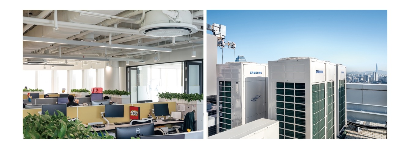 좌)레고 코리아 사무실 내부에 설치된 삼성 시스템에어컨 360 우)레고 코리아 건물 옥상에 설치된 삼성 시스템 에어컨 실외기의 모습