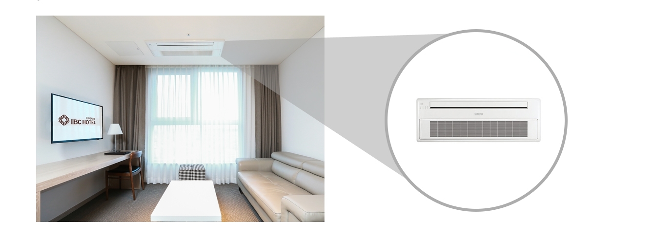 좌)호텔 객실 내부에 설치된 삼성 시스템에어컨 1Way 모습 우) 삼성 시스템에어컨 1Way 확대한 이미지