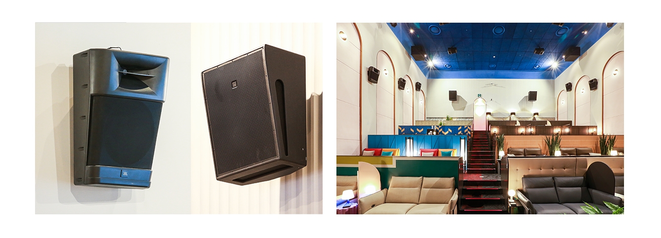 (왼쪽 이미지) 하만 JBL 프로 오디오 (오른쪽 이미지) 하만 JBL 프로 오디오가 설치된 영화관 내부
