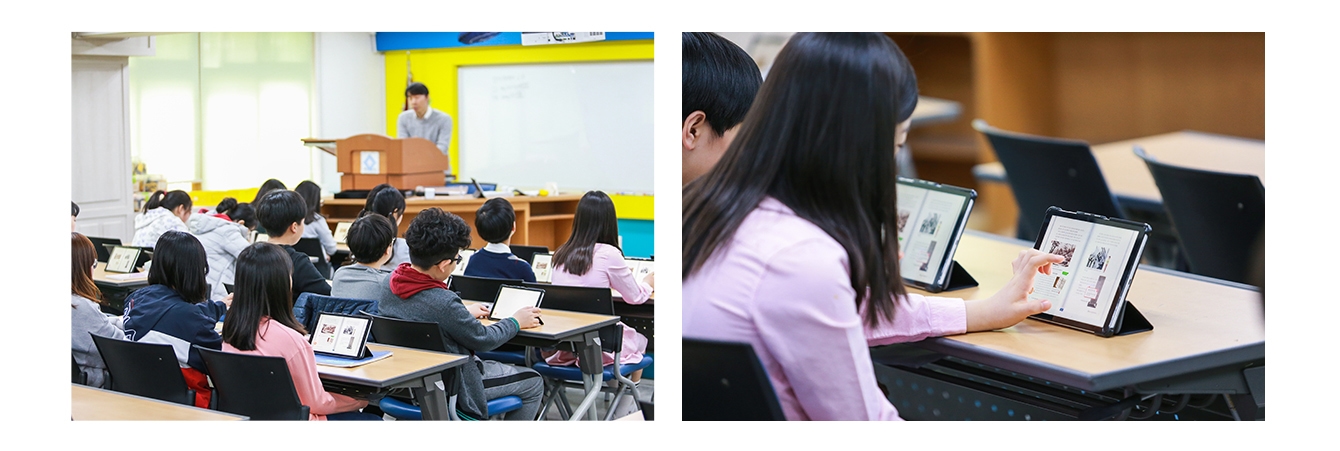 좌) 디지털 교과서 수업중인 학생의 모습 우) 디지털 교과서를 터치로 조작하는 학생의 모습