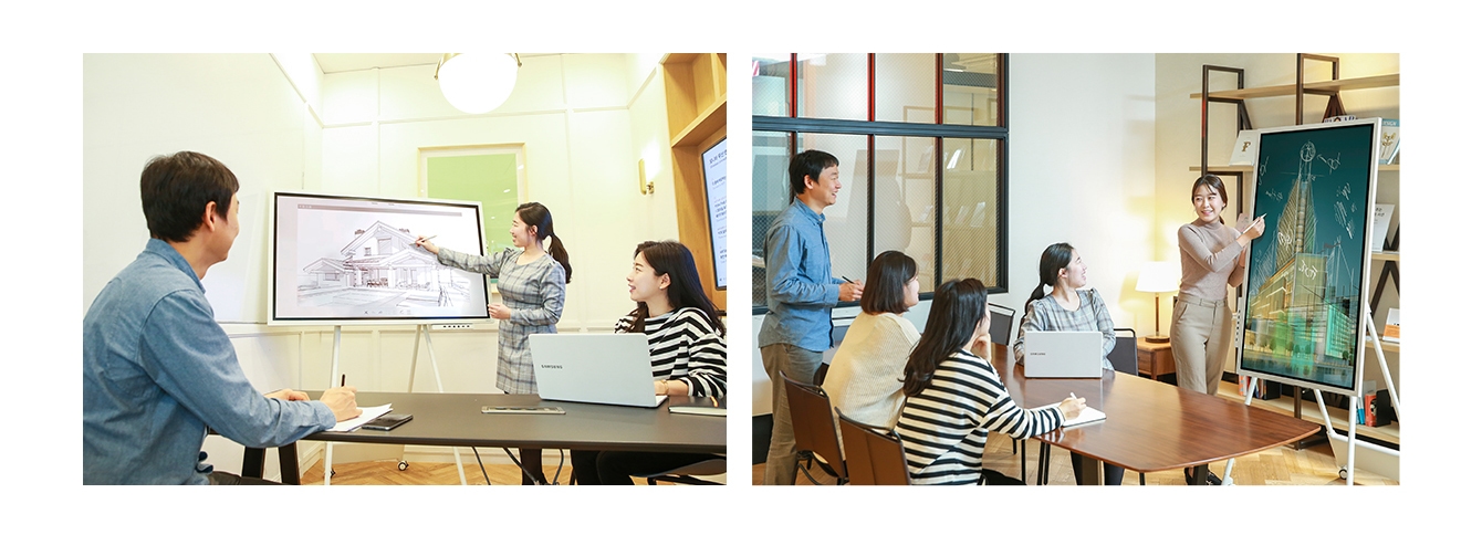 (왼쪽 이미지) 삼성 플립2를 이용한 패스트파이브의 스마트 오피스에서 펜을 사용해서 화면에 필기를 하면서 회의를 진행하는 사람들이 보여집니다 (오른쪽 이미지) 
