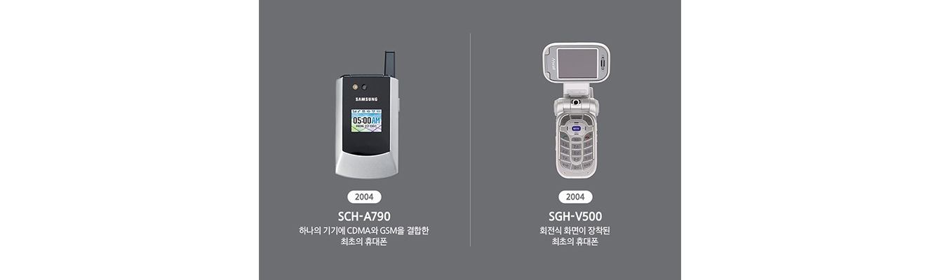 2004 SCH-A790 하나의 기기에 CDMA와 GSM을 결합한 최초의 휴대폰 / 2004 SGH-V500 회전식 화면이 장찬된 최초의 휴대폰