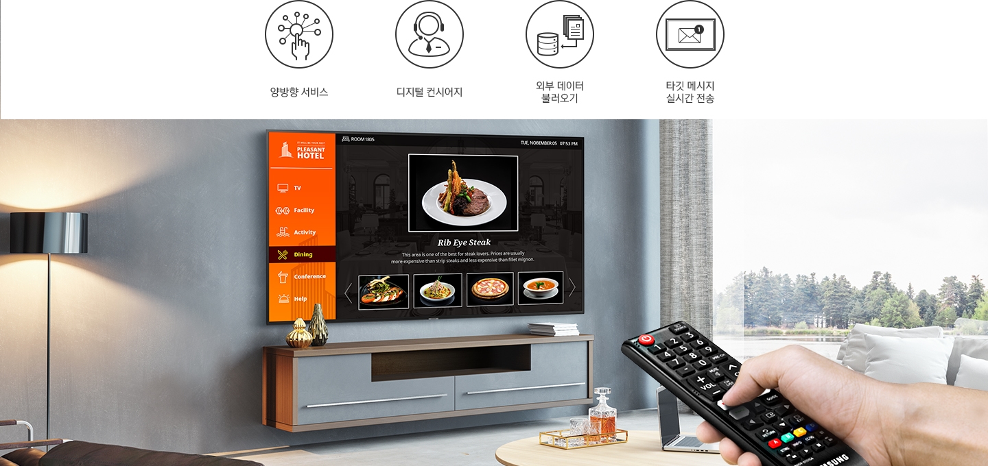 호텔 TV를 통해 사용자가 리모컨을 사용하여 음식을 선택하고 있습니다. 양방향 서비스, 디지털 컨시어지, 외부 데이터 불러오기, 타깃 메시지 실시간 전송 아이콘이 차례대로 나와 있습니다.