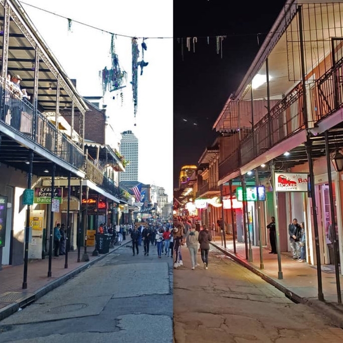 Bourbon Street의 낮 풍경과 밤 풍경이 반으로 나뉘어 보입니다.